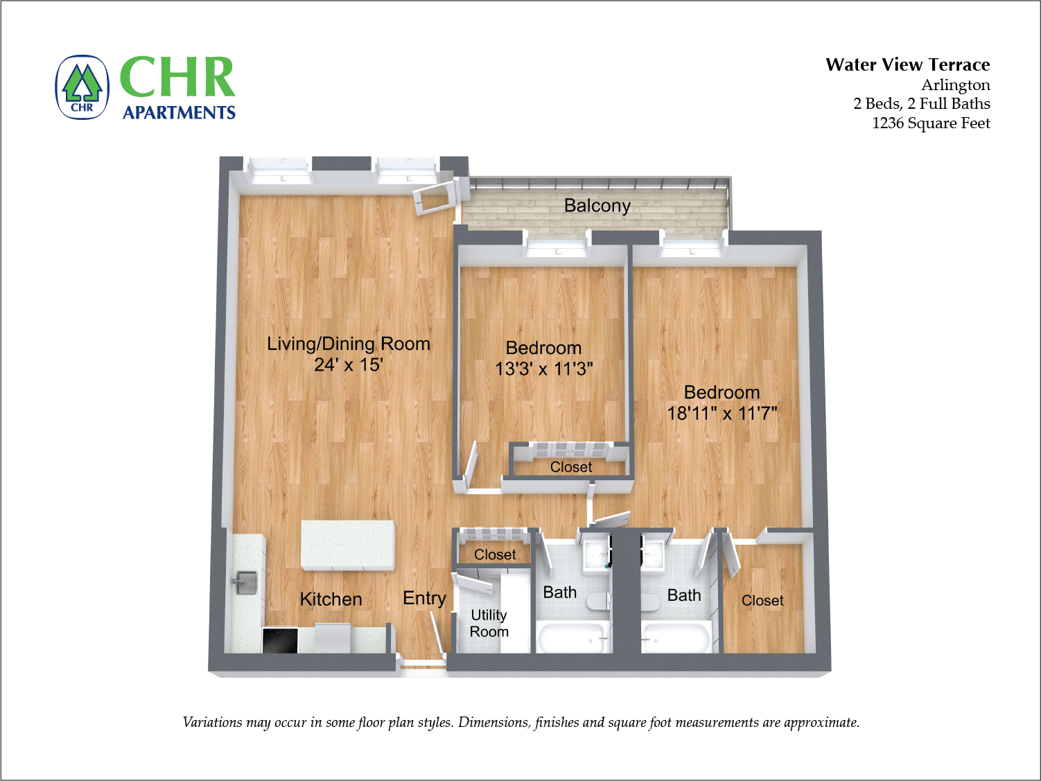 Floor plan for 2 beds, 2 baths, 1236 sqft